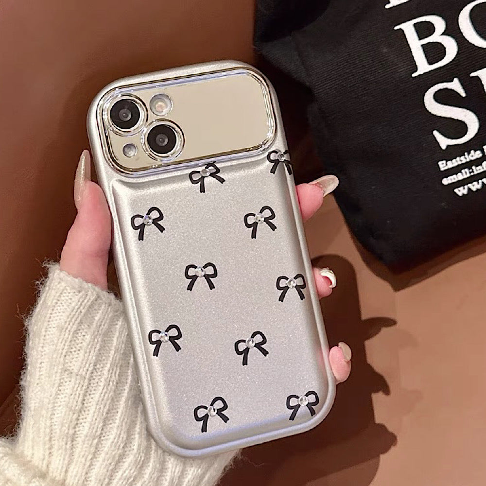 iPhoneケース カメラ保護 リボン シルバー スマホケース