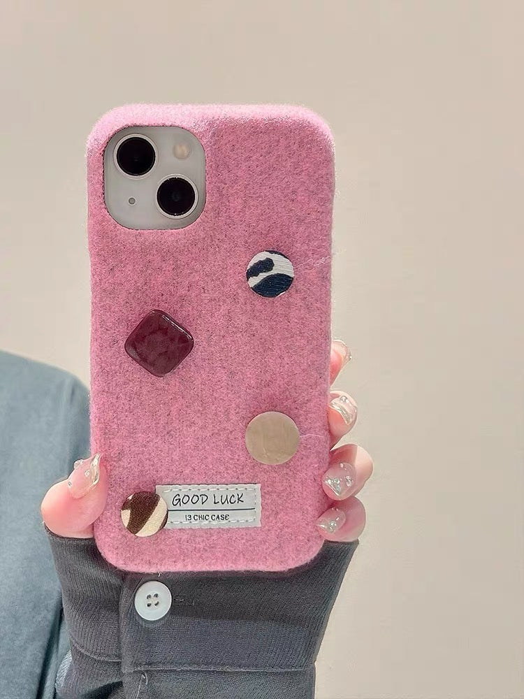 iPhoneケース ボタン 布地 ピンク スマホケース